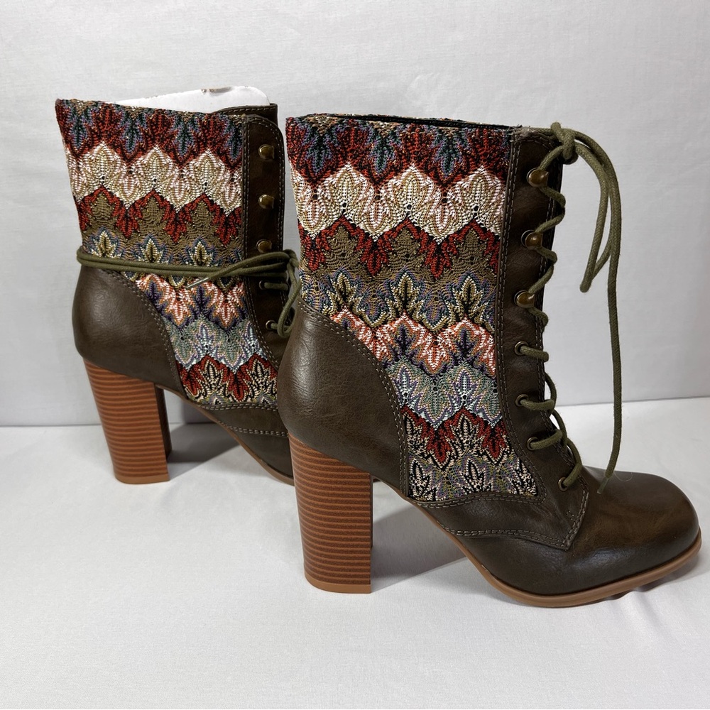 Mojo Moxy Green and Brown Cottagecore Tapestry Lace Up Boots